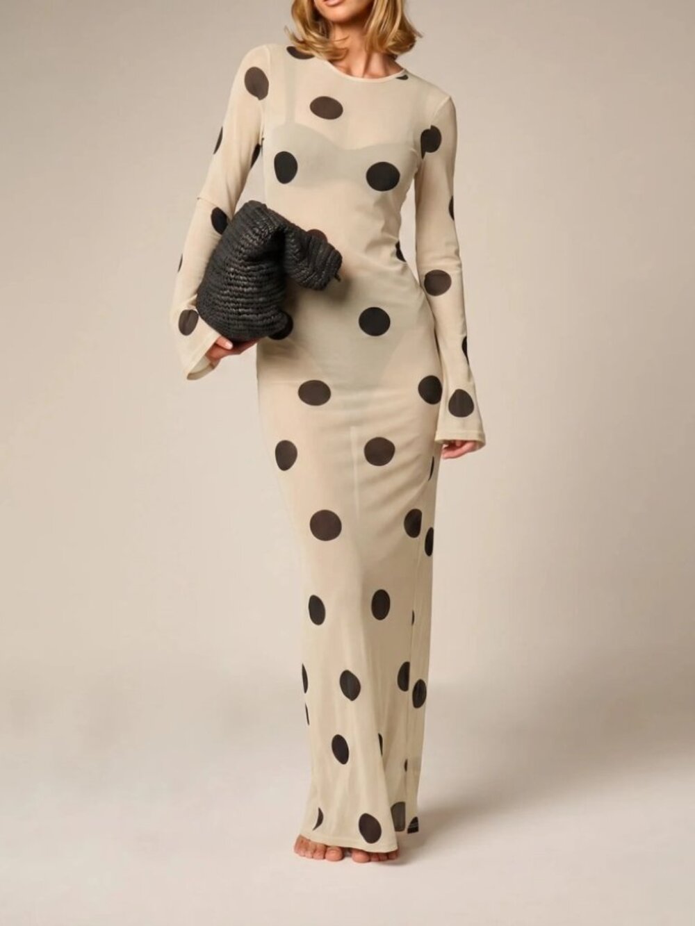 Ivory Polka Dot Sheer Mesh Maxi Dress with Bell Sleeves